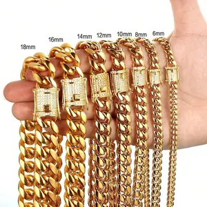 Men 6-14mm Stainless Steel Miami Curb Cuban Chain Necklaces with Cubic Zirconia Clasp Lock Bracelet Hip Hop Jewelry