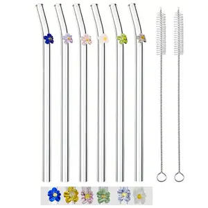 Flower Design Reusable Glass Straw & Brush Set, 1 Set Including 6 Counts Cute Colorful Glass Straw with 2 Counts Brush, Washable Reusable Fruit Drinking Straw, Glass Straw Drinkware