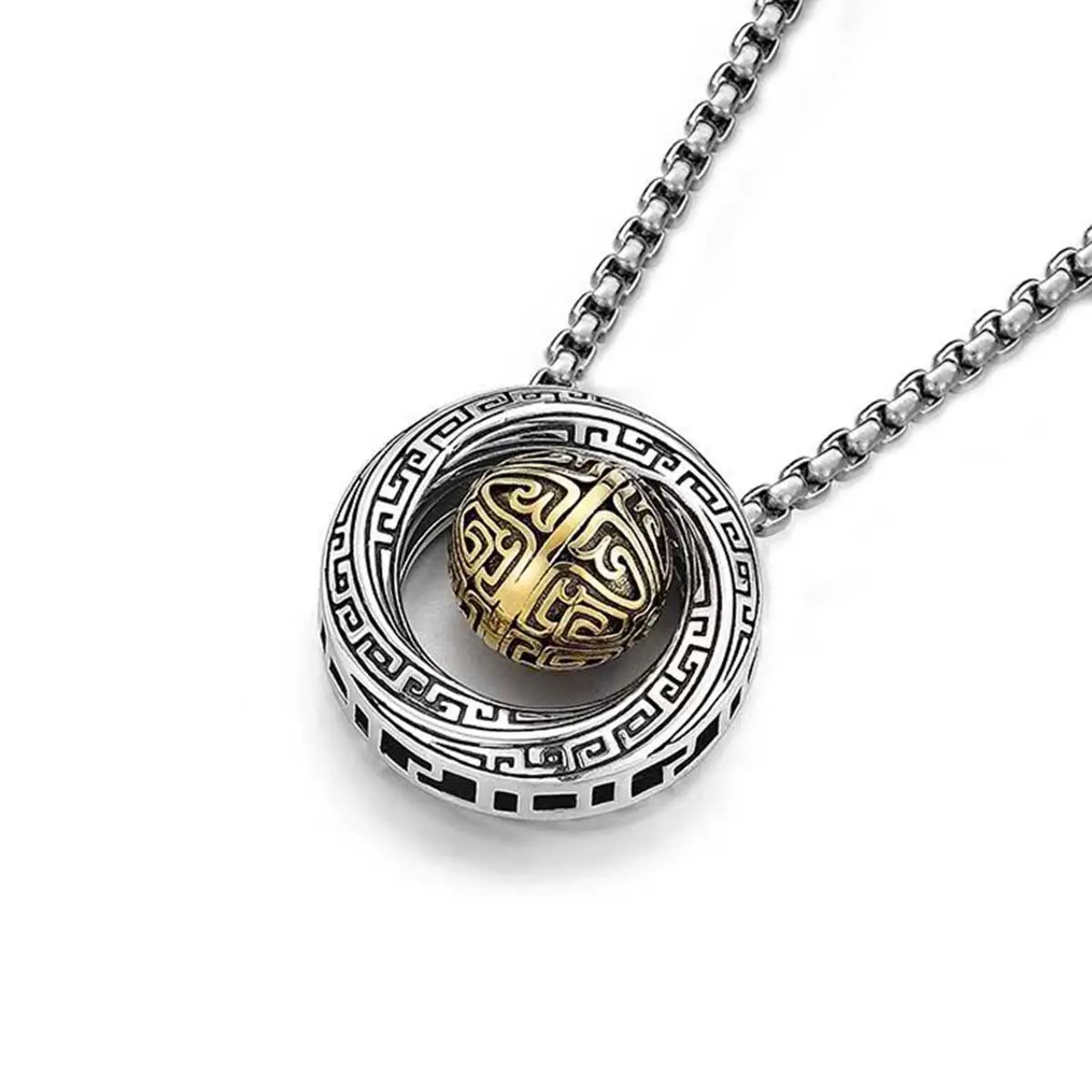 Unisex Mobius Loop Pendant Necklace, Casual Amulet Jewelry Featuring a Gold-Plated Center and Distressed Silver-Tone Box Chain, Chain Necklaces, Necklaces