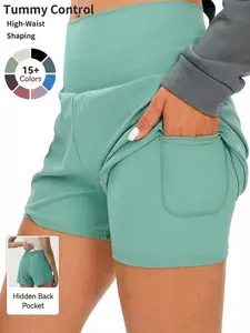 Women's 2 In 1 Pocket High Waist Sports Shorts, Casual Comfy High Stretch Yoga Bottoms For Gym Workout Running, Summer Clothes Women, Ladies Summer Sportswear, Elastic Waist Shorts