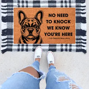 No Need To Knock Doormat | Frenchie Doormat| French Bulldog | Welcome Mat | Outdoor Coir Front Door Rug | Funny Housewarming Gift