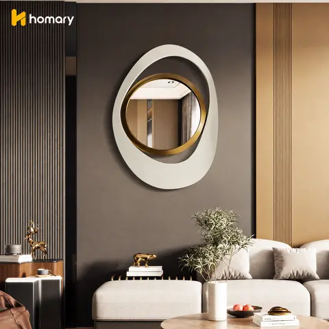 Homary 1-Piece Irregular Wall Accent Mirror - 23.6-Inch White & Gold Geometric Reflective Glass, Fingerprint-Proof Floating Decorative Edging Wall-Mounted Mirror, Easy Installation Home Decor for Living Room, Bedroom