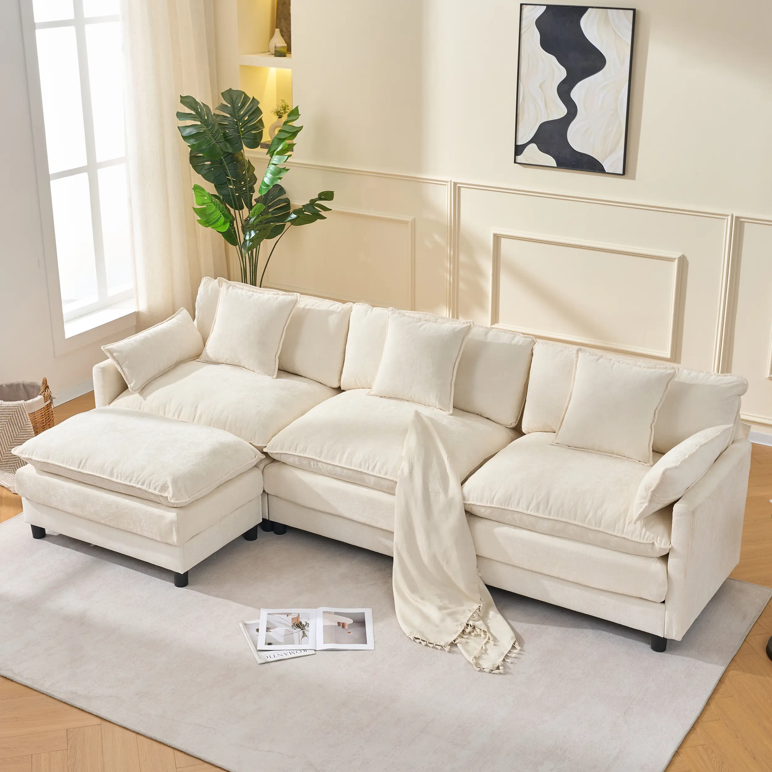 Niccae 39.4-in Oversized Modern Casual Chenille Upholstered Armchair with Fixed Arms and Ottoman - Wrinkle Resistant, Durable Sofa Set, 4-Seat Sofa Set, Living Room Club Chair, Bedroom Reading Chair, Beige and Black, Durable Sofa Sets, Four-Seat Sofa Sets