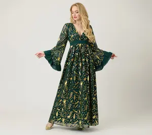 Unique Vintage Green & Gold Foil Peacock Print Maxi Dress