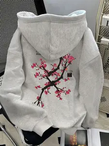 Women's Oversized Gray Hoodie Sweatshirts with Drawstring, Long Sleeve, Aesthetic Floral Cherry Sakura Print, Loose Casual Fit, Soft Comfy Pullover for Fall & Winter Daily Wear, Womenswear