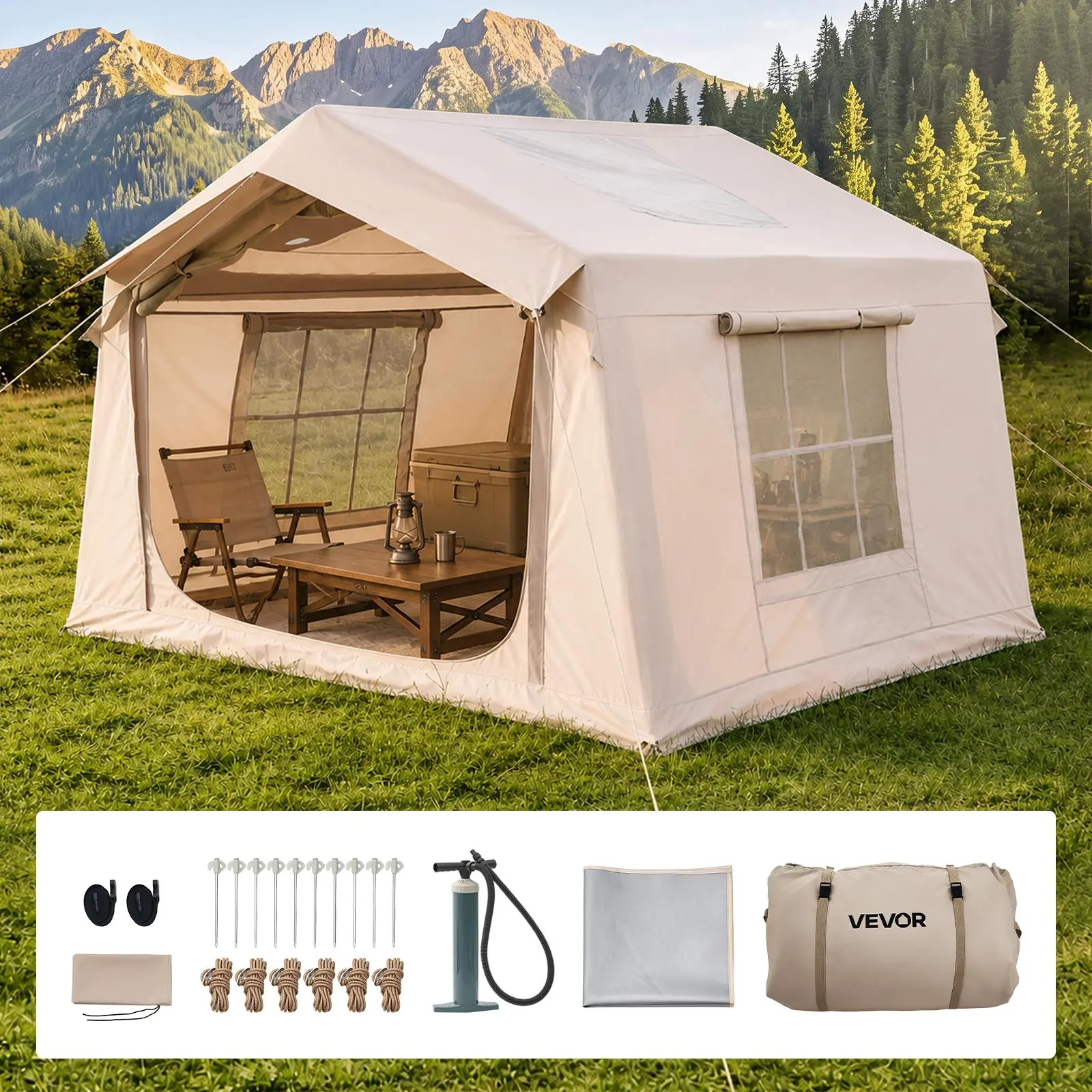 VEVOR Unisex Outdoor Camping Inflatable Air House, 2-4 Person Blow Up Unit with Pump (Beige) - 420D Oxford Waterproof, Easy Setup, Skylight, Stove Jack, Mesh Windows, Carry Bag for Family Glamping