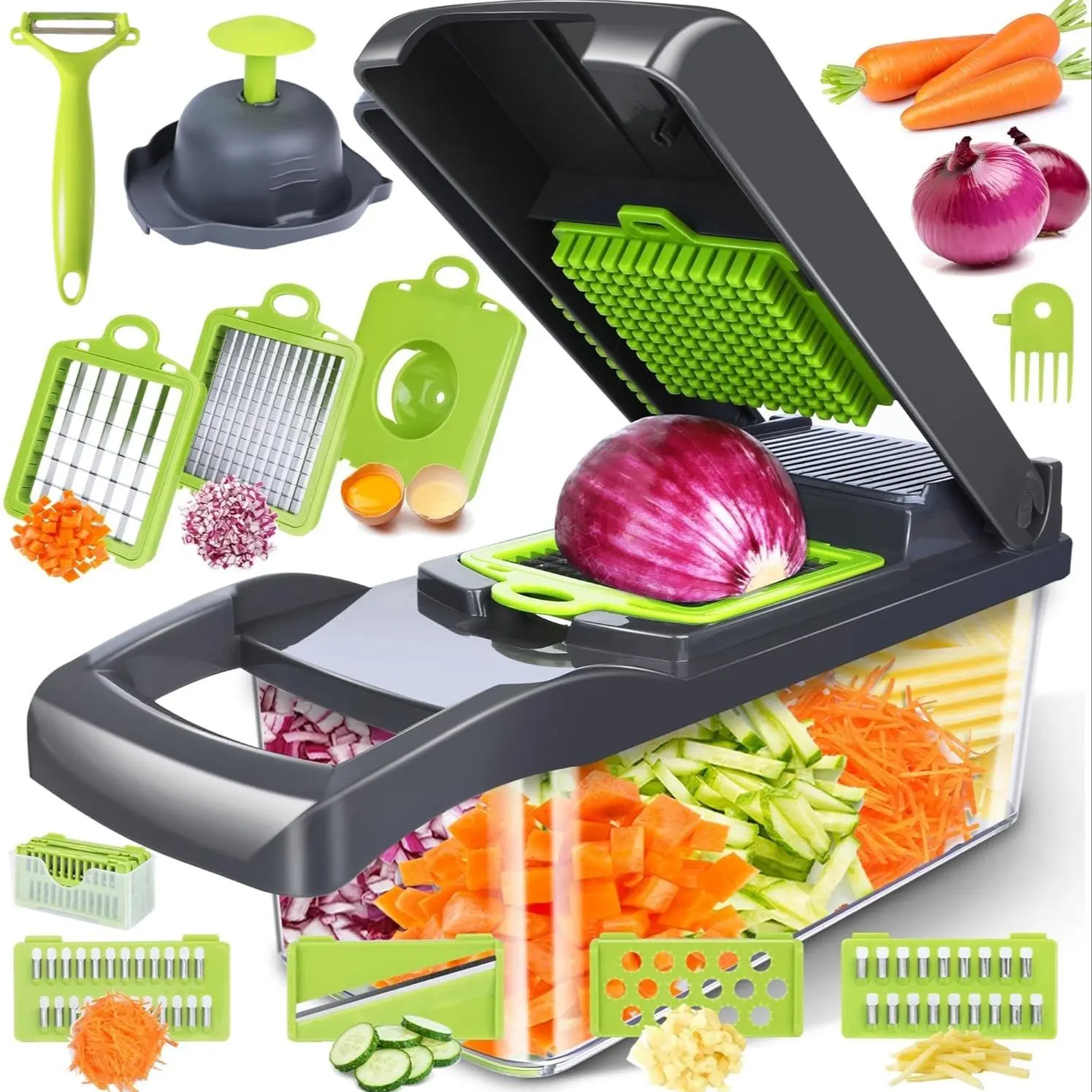 Vegetable Chopper, Multifunctional 16 in 1 Food Chopper, Vegetable Fruit Cutter, Modern Green Kitchen Accessories Vegetable Slicer Dicer Cutter, Veggie Chopper with Container, Carrot and Garlic Chopper, Kitchen Gadgets, Vegetable Cutting Slicer