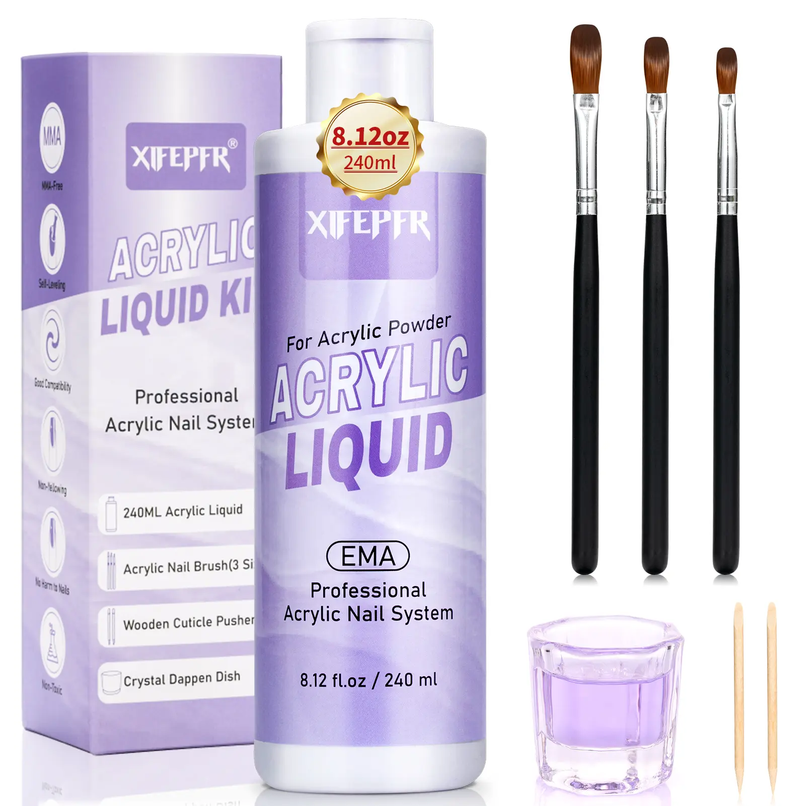 XIFEPFR Acrylic Nail Liquid - 8.12 Fl Oz, MMA-Free, Non-Yellowing, EMA Monomer, 3 Size Acrylic Brushes Supply Extension Kit