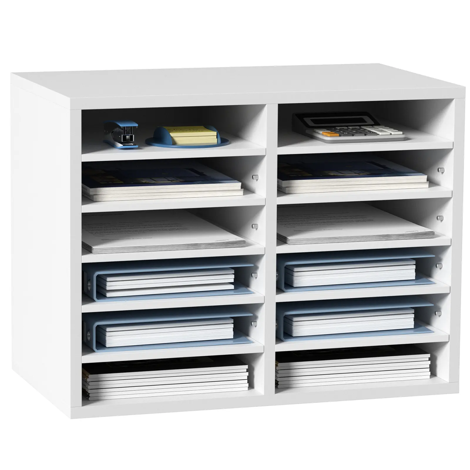 VEVOR Wood Stationery Organizer, 12-Compartment Office Stationery Supplies Paper Organizer with Adjustable Shelves, 20.4x12x16.1in EPA-Certified White Mail Sorter for Office, Home Organization