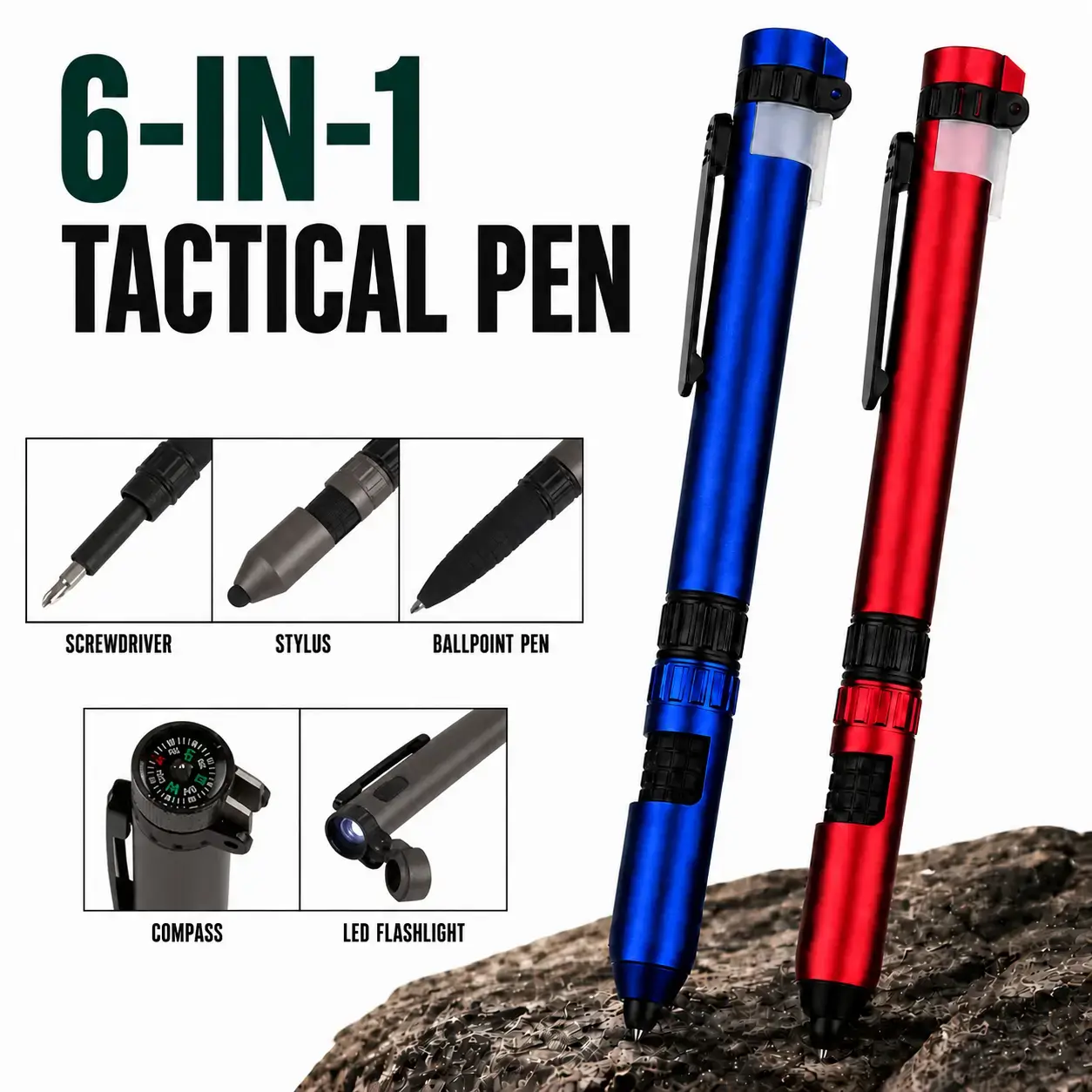 6-in-1 Multi-Function Tactical Pen with LED Light, Compass, Phillips Screwdriver, Touchscreen Stylus, Phone Stand & Ballpoint Pen – Portable Durable EDC Tool for Camping, Hiking, Travel, Office, Home Repair, Outdoor Gift (blue-black), Men's Work Accessori
