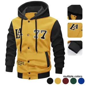Men's New Spring/Autumn Color-Block Patchwork Letter Print Jacket Stylish Street-Inspired Youthful Sporty Casual Hooded Baseball Jacket with LA77 Design