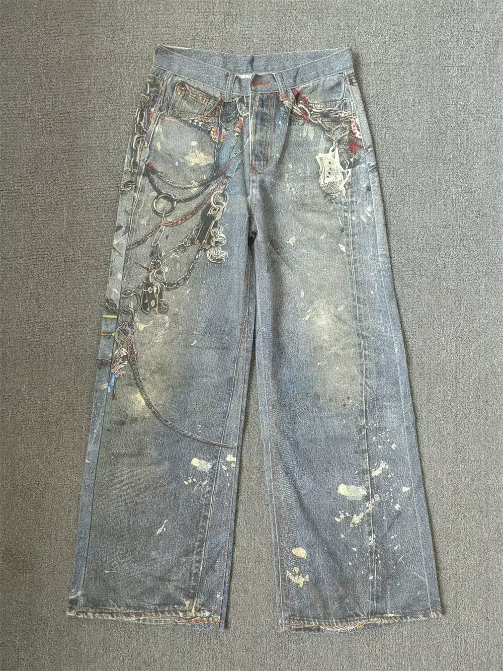 Graphic Denim Jeans With Chains Y2k Baggy Streetwear Oversized