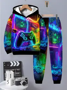 Boys' Fun Printed Hoodie and Sweatpants Set, Hoodies, Youth Kits, Comfortable Casual Wear, Soft and Cozy, 3D Fashion Kids, Long Sleeve Top + Pants