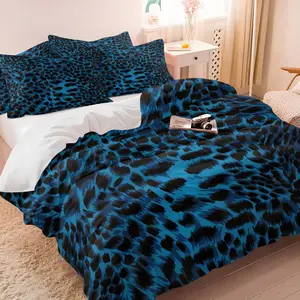 Blue Black Leopard Print Duvet Cover Set,Edgy Animal Print Bedding Set,Includes 1 Duvet Cover & 1-2 Pillowcases,Vibrant Blue Leopard Pattern Printed Bed Set,Cozy Bedding for Bedroom,Dorm & Trendy Teen Room Decor