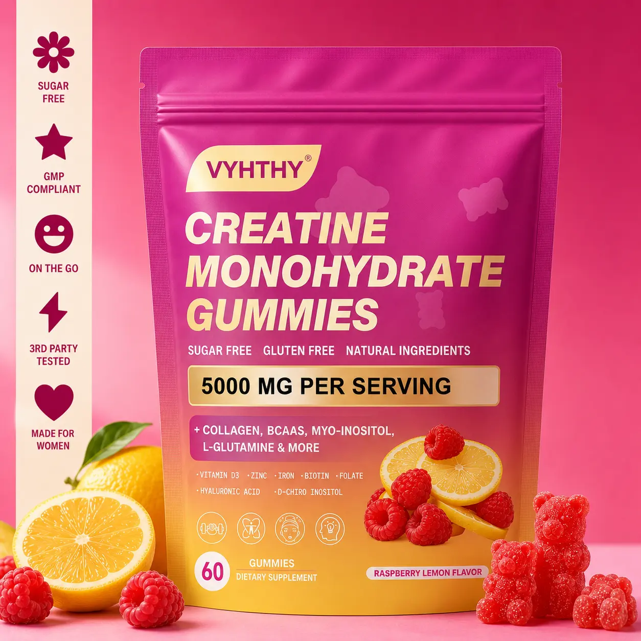 VYHTHY Creatine Monohydrate Gummies, 30 Servings – Tropical Fruit Flavor  | Supports Strength, Endurance, Post-Workout Muscle Recovery and Growth, Brain Function, and Hair, Nail & Bone Health | Third-Party Tested | 5g of Creatine per Serving