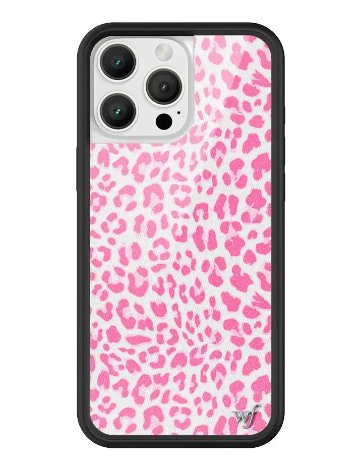 Pink Meow | Limited Edition Trendy iPhone Case | Raised Protective Black Bumper | Women Owned Small Business | White Background Pretty Pink Magenta Leopard Print Aesthetic Design | Safety Casing Protective | Gift for Her