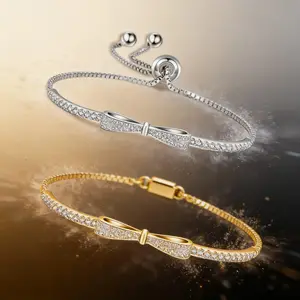 S925 Sterling Silver Adjustable Bowknot Tennis Bracelets for Women - Elastic Beaded Design Luxury Fashion Jewelry - Ideal Gift for Her