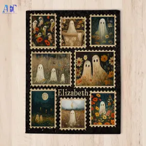 Personalized Halloween Stamp Blanket With Ghost, Custom Name Throw for Book Lovers, Ghost Reading Book Blanket, Librarian Gift, Bookish Gift