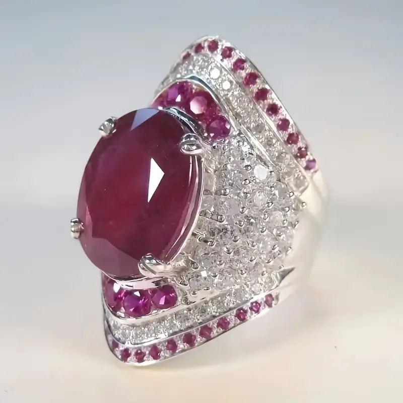 Elegant Wide Band Ring for Women, Classic White Gold-Plated Design with Brilliant Ruby Gemstone, Vintage Style for Weddings & Casual Wear, Aesthetic Style Rings, Wedding, Ruby Stone, White Gold Rings
