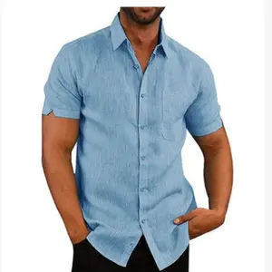 2025 Summer Lapel Solid Color Short Sleeve Button Men's Linen Shirt Men's Clothing Menswear Top
