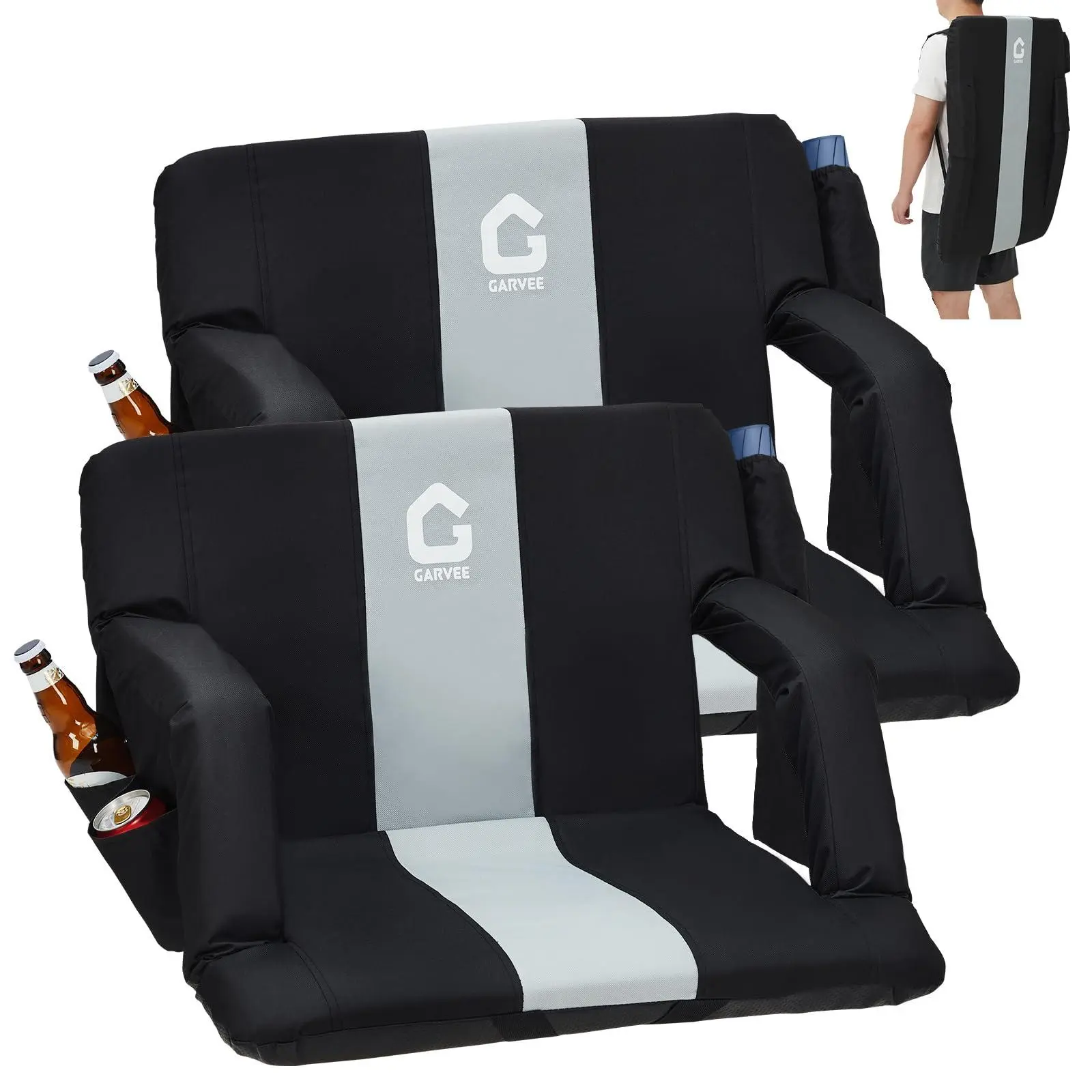 GAOMON 2-Pack Single-Person Bleacher Seats - 20" Extra-Wide Padded Fabric Chairs with Back Support, 6 Adjustable Positions, Foldable Design, Cup Holders, Storage Pockets (Black, Gray)