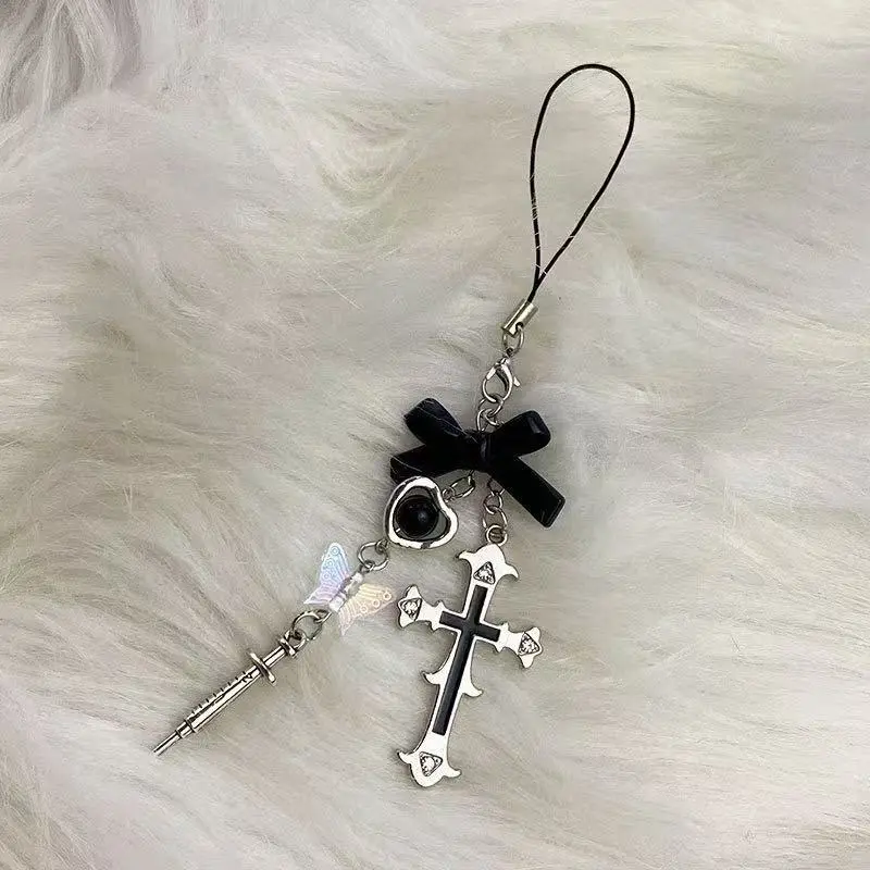 1pcs Sweet cool laser butterfly cross syringe phone chain ins retro hot girl Y2K punk Stylish keychain bag phone charm Fashionable Alloy Keychain