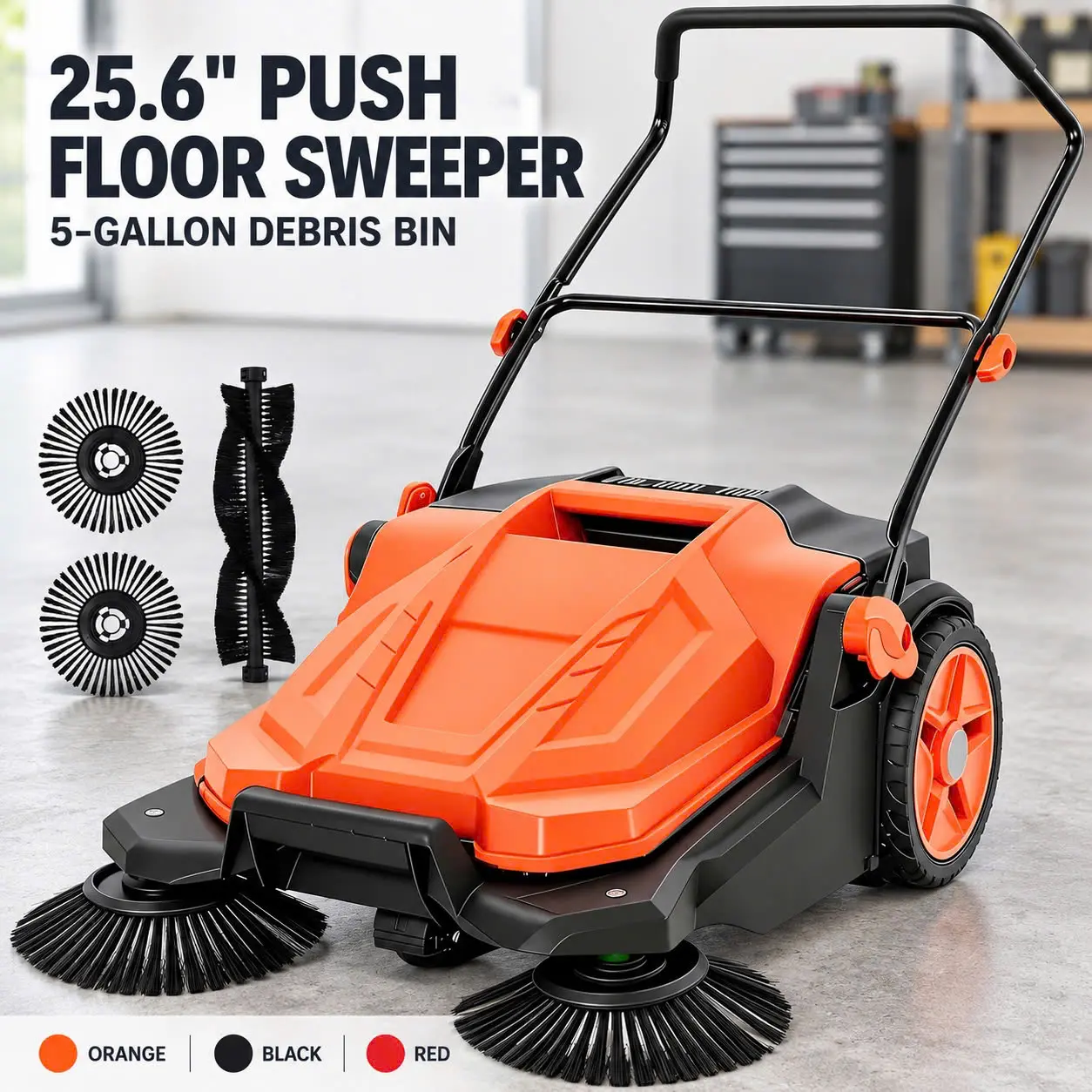 Manual Push Floor Sweeper, 25.6 in, 5-Gallon Debris Bin, Dual Side Brushes, Adjustable Folding Handle for Garage, Driveway