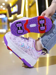 Girls' Beginner Skate Shoes, Leather Waterproof Slip-On Roller Skates, Fashion Durable Anti-Slip Four-Wheel In-Line Skates, Heart Design Princess Shoes