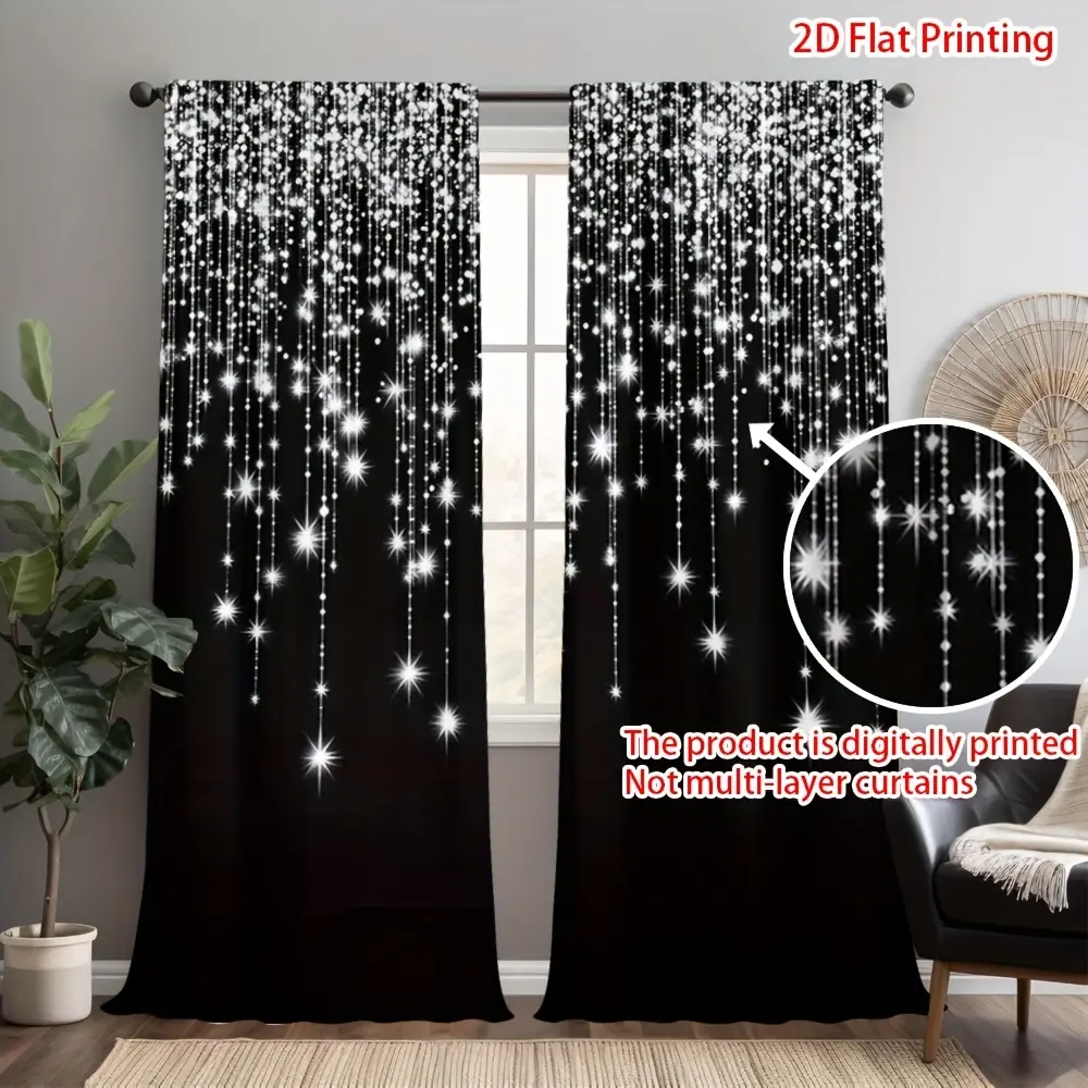 2-Piece set, black and silver glitter diamond Sheer Printed Curtains, translucent rod pocket design, suitable for bedroom living room kitchen cafe home decoration, Window Curtain, Home Decorative Curtain