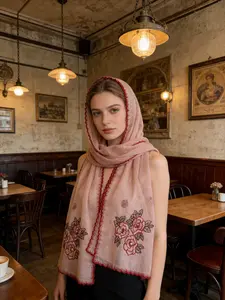 Spring new wave-edge embroidered women's long shawl, Dubai women's solid color fashionable vintage headscarf, Hijab