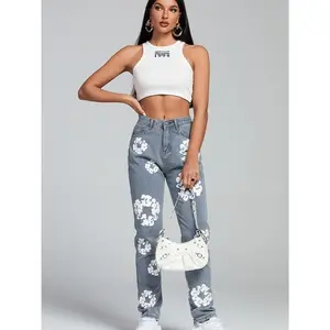 Daisy print high waisted straight Jeans Womenswear Bottom Denim Pants Casual Underwear Lady casual jean