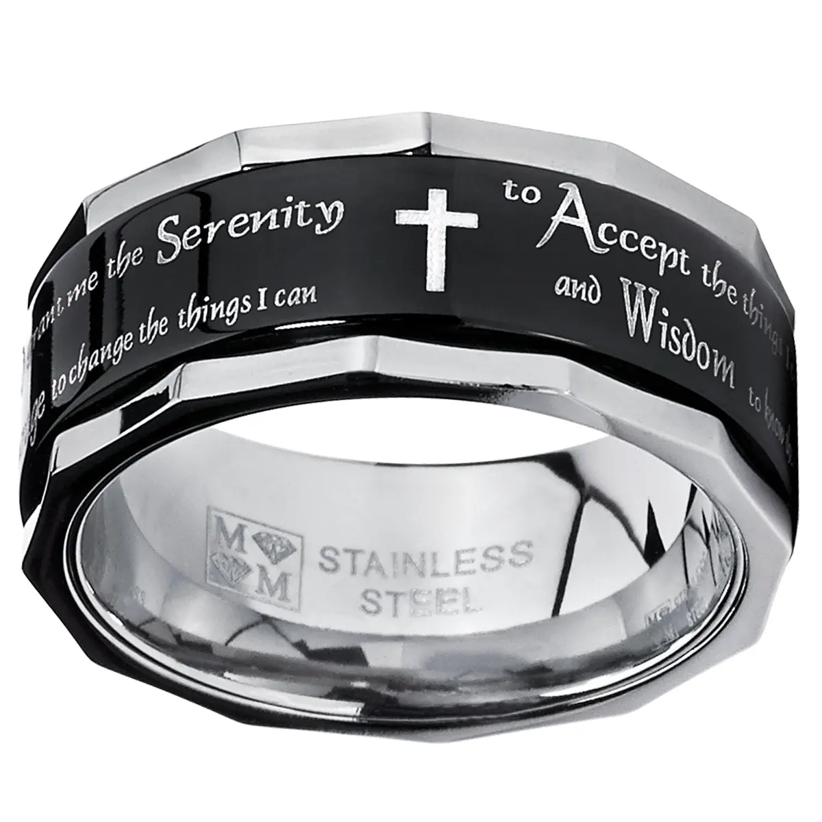 Male 9MM Black Stainless Steel Religious Cross Serenity Prayer Fidget Ring - Metal Ring for Focus, Men's Jewelry Accessory