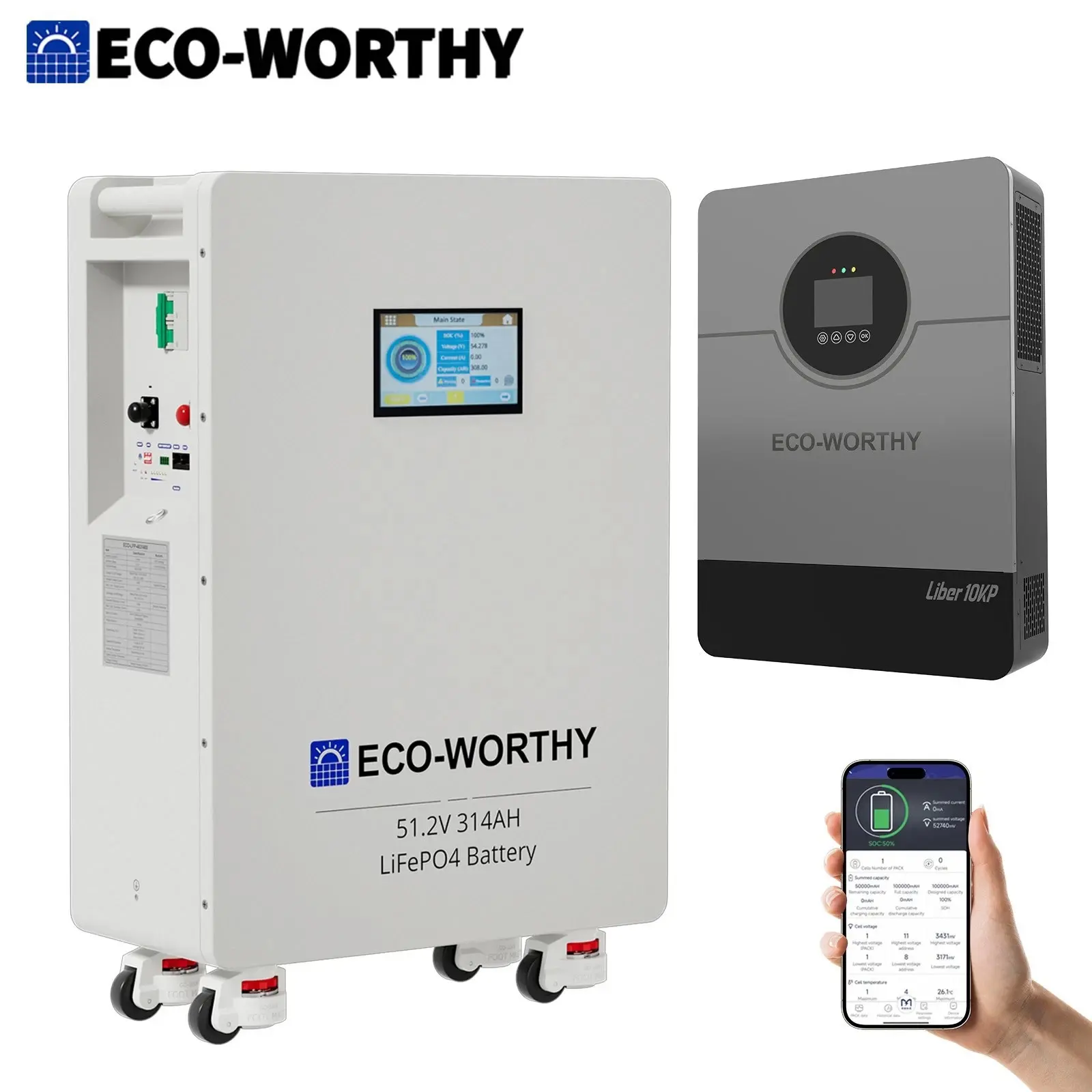 【10kw Inverter+16kw battery】ECO-WORTHY 16kWh LiFePO4 Battery + 10kW Inverter – 10,000 Cycles, 80% DOD, Smart BMS & Wheels for Off-Grid Home