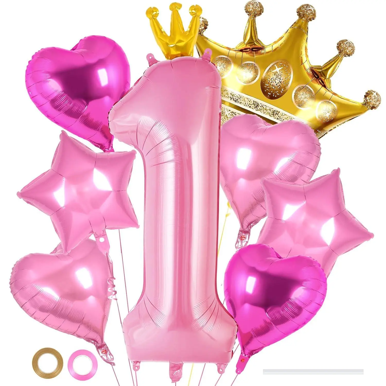 Princess Birthday Balloons, Pink 40 Inch Crown Number 1 Balloon Set, Heart Star Crown Foil Balloons For Girls Princess 1St Birthday Party Decorations Supplies (Number 1)