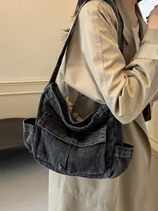 Unisex Denim Crossbody Bag Large Capacity Multi-Pocket Backpack, Casual Daily Commuter Shoulder Bag for Men & Women