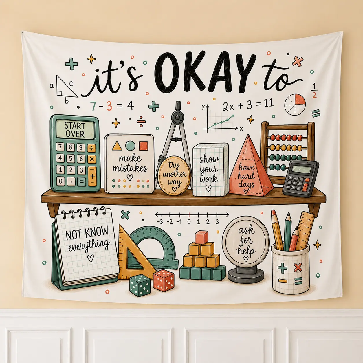 Math Classroom Linen Tapestry, Growth Mindset Wall Decor, Cute Teacher Classroom Decor, Back To School Gift For Math Teacher, Classroom