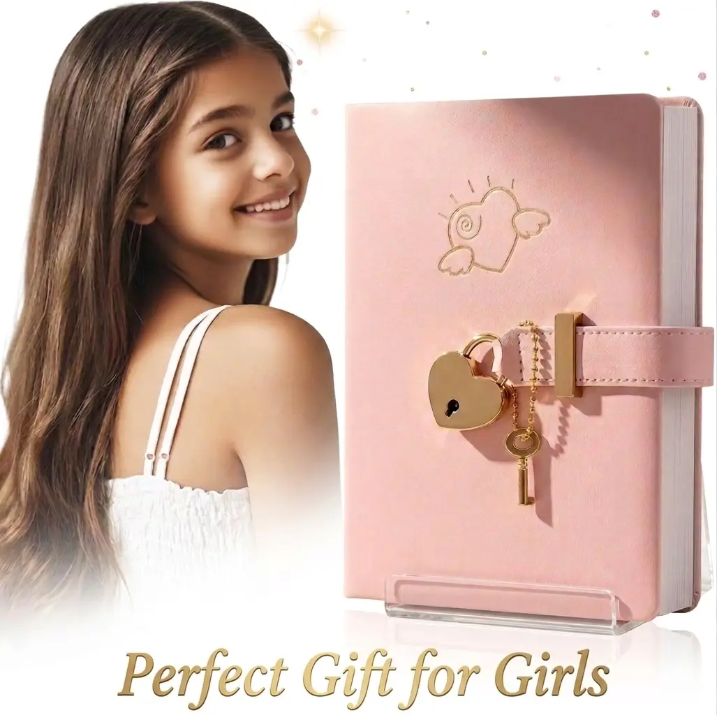 CAGIE A5 PU Leather Soft Cover Heart Lock Journal - Lockable Pink Notebook With Key, Women's Gift, Writing Planner, Soft Cover Notebook, Journaling Supplies, Girly Office Stationery Supplies