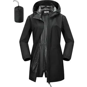 Women's Waterproof Long Rain Coats Packable Lightweight Rain Jacket With Hood Windproof Trench Coats