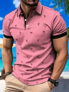 Men's Breathable Polyester Polo Shirt, Casual Classic Fashion Short Sleeve Button Detail, Summer Wear, Geometric Design, Fitted Style, All Seasons, Menswear Top