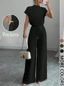 Women's  Elegant Casual Woven Sleeveless Women Shirt And Wide Leg Woven Pants, 2 Pieces Women Set Sets Womenswear For Women Casual Outfits For Women