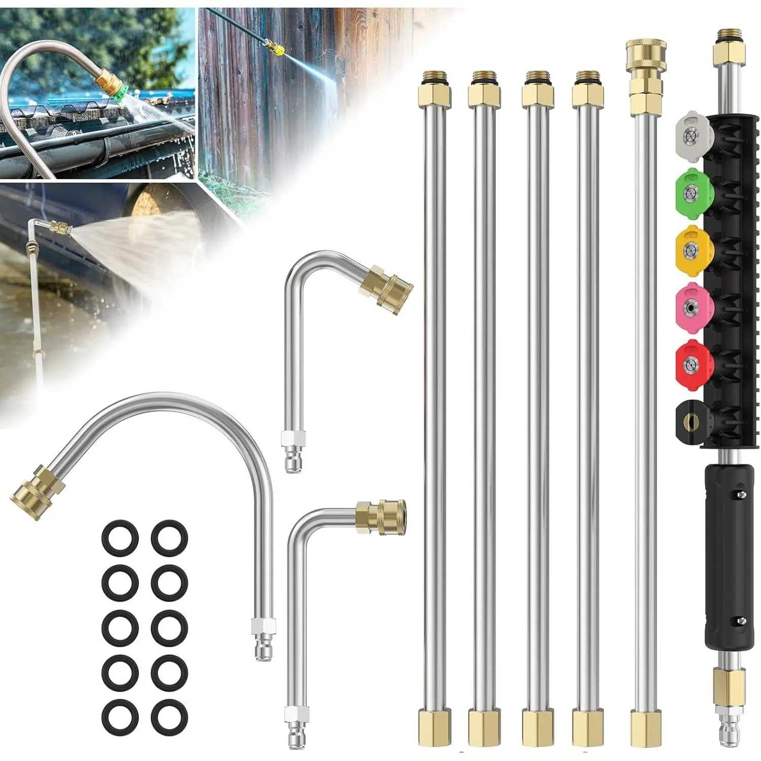 GJANSH Pressure Washer Extension Wand with 6 Spray Nozzle Tips for Gutter Cleaning up to 9FT, Upgrade Power Washer Lance with 30°, 90°, U-shaped Curved Rod, 1/4" Quick Connect, 4000 PSI,summervibes
