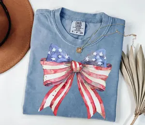 Comfort Colors 4th of July Shirt, Coquette American Flag Shirt, USA Bow Shirt, 4th of July Tee, Women's Patriotic Shirt, Red White and Blue - LORA ATCHER