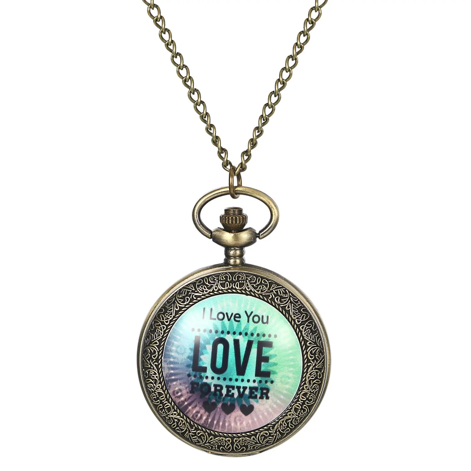 OIDEA Vintage Engraved Pocket Watch Necklace, Unisex Bronze Quartz Timepiece with "I Love You Forever" Case, Large Numeral Dial & Chain Link Design, Gift for Valentine's Day, Chain Link Design Pocket & Fob Watches, Alloy, Anniversaries