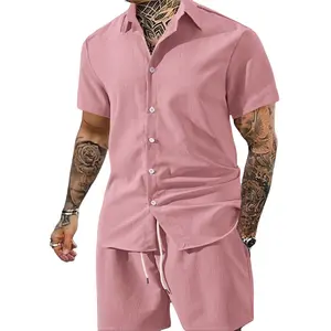 New summer solid-color men’s set featuring a collared short-sleeve shirt and drawstring shorts; casual minimalist design, versatile two-piece outfit. #SummerVibes #Father’sDayGift