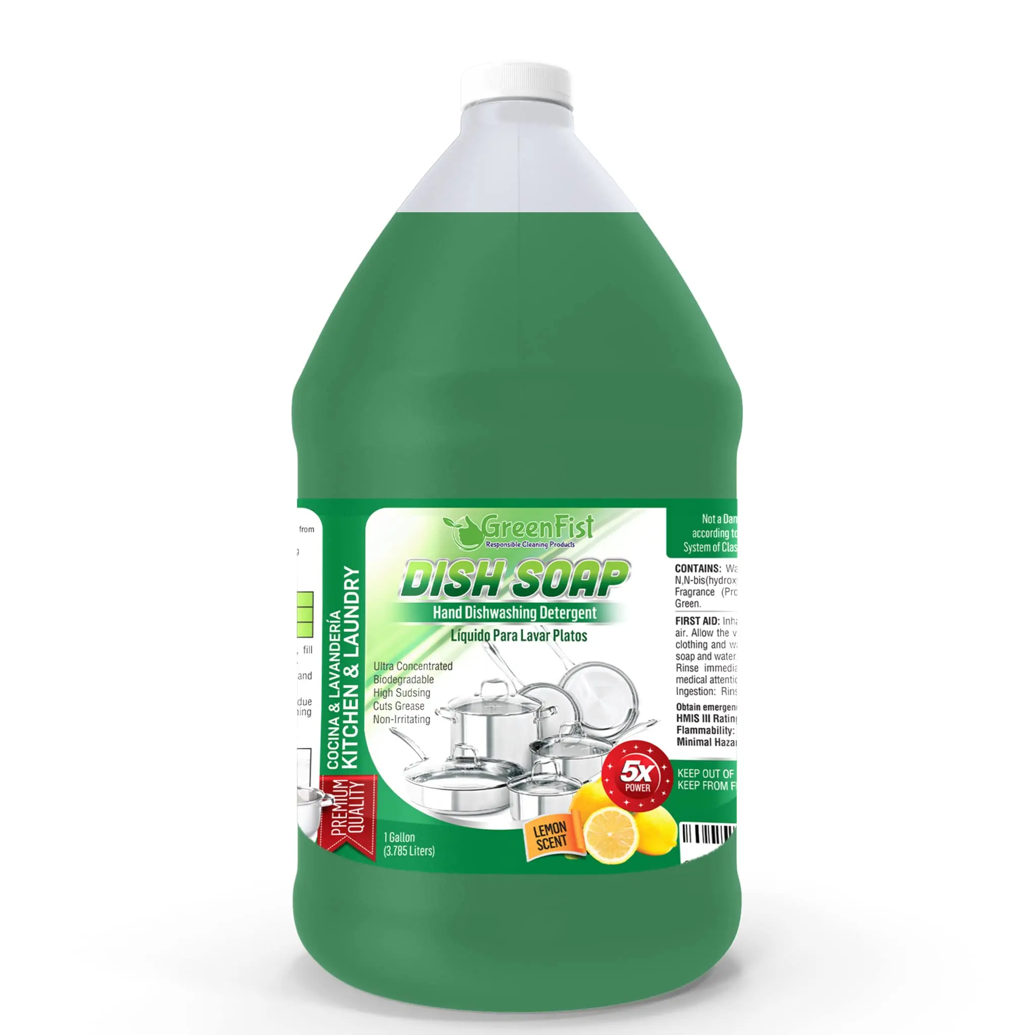 GreenFist Dish Soap Professional Detergent Liquid Pot & Pan Dish-Wash - Light or Heavy Use (1 Gallon Unisoft) (1 Gallon Green) (Green Dish Soap 1 Gallon)