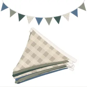 Boys Toddler Room Playroom Nursery Decor Blue Grey 11Ft Vintage Warm Neutral Plaid Pennant Banner Bunting Fabric Flags for Baby Shower Birthday Party Wall Art