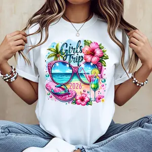 Girls Trip 2026 Tropical Sunglasses Flip Flops And Cocktail Print V Neck T Shirt White Casual Loose Fit For Beach Vacation Outing