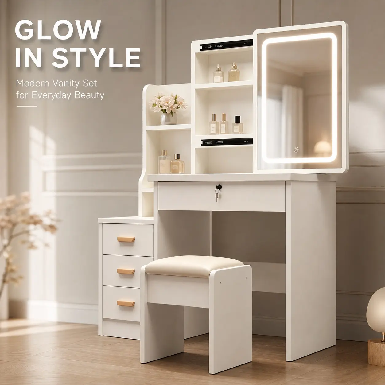 White Indoor Makeup Vanity Dressing Table Set with 4 Drawers, LED Lights, 3-Color Dimmable Mirror, Shelves, Hidden Storage and Stool for Makeup Enthusiasts, Four Drawers