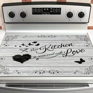 1pc, Wood Grain Pattern Gas Stove Top Protector - Heat-Resistant and Scratchproof Kitchen Counter Mat with "This Kitchen is Seasoned with Love" Decorative Print, Butterfly & Swirl Design, Suitable for Stove Protection and Dish Drying