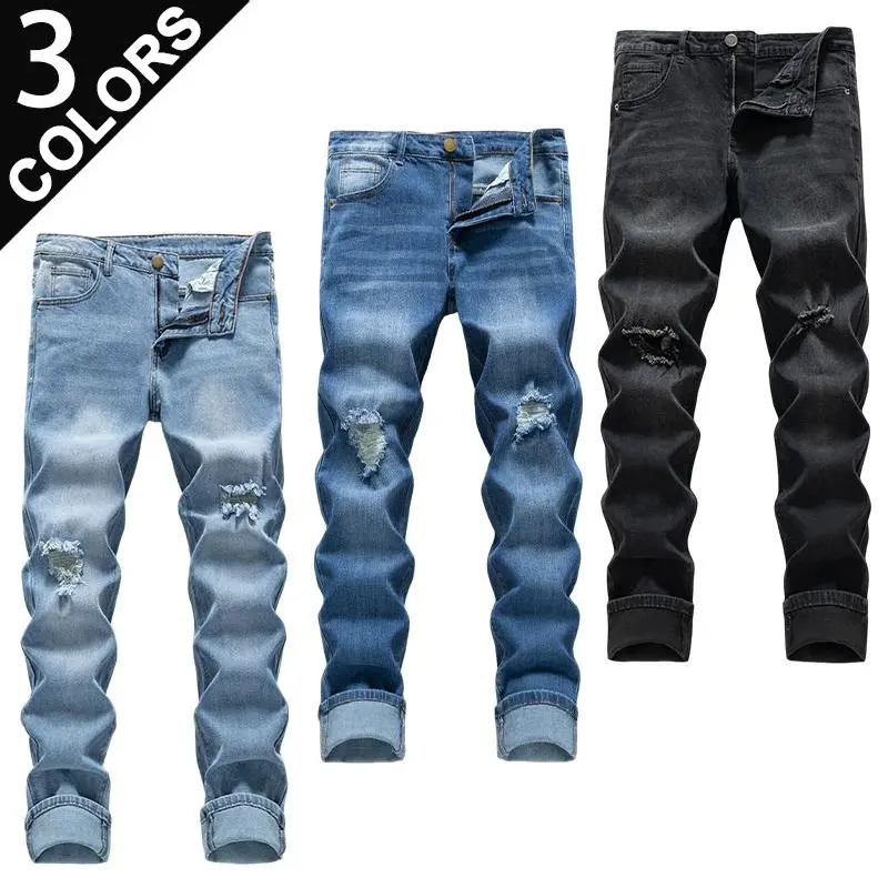 Clean Gent men’s solid-color straight slim stretch jeans, cotton fabric for comfort and durability, distressed fashionable street-style design, suitable for everyday wear—long pants ideal for all seasons.